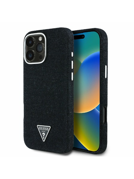 Guess Guess Denim Dreieck Logo MagSafe Rückseite Hülle für iPhone 16 Pro Schwarz