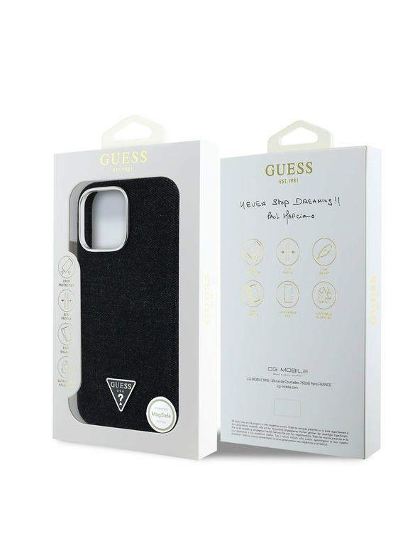 Guess Guess Denim Dreieck Logo MagSafe Rückseite Hülle für iPhone 16 Pro Schwarz