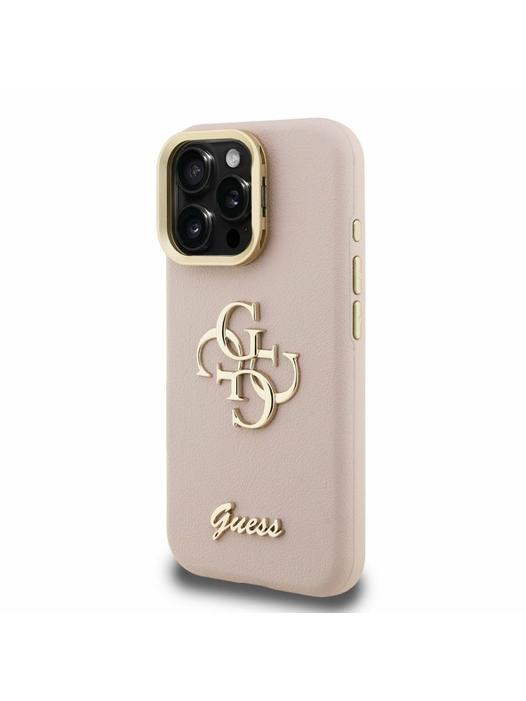 Guess Guess PU Genarbtes 4G Logo Ständer Kamerarahmen Rückseite Hülle für iPhone 16 Pro Max Pink