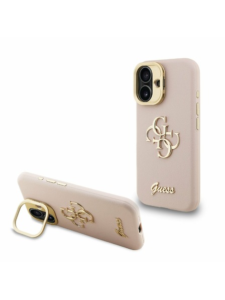 Guess Guess PU Genarbtes 4G Logo Ständer Kamerarahmen Rückseite Hülle für iPhone 16 Pink