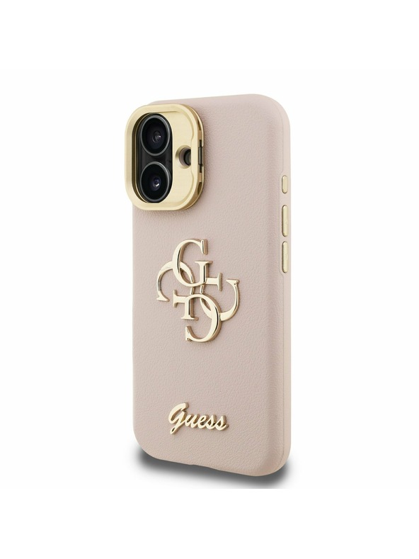 Guess Guess PU Genarbtes 4G Logo Ständer Kamerarahmen Rückseite Hülle für iPhone 16 Pink