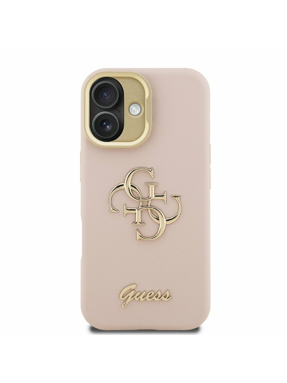 Guess Guess PU Genarbtes 4G Logo Ständer Kamerarahmen Rückseite Hülle für iPhone 16 Pink