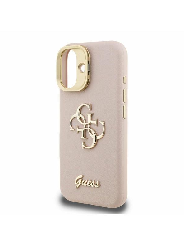 Guess Guess PU Genarbtes 4G Logo Ständer Kamerarahmen Rückseite Hülle für iPhone 16 Pink