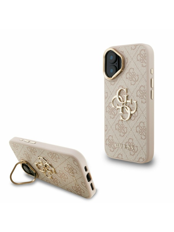Guess Guess PU 4G Metal Logo Ständer Kamerarahmen Rückseite Hülle für iPhone 16 Pink