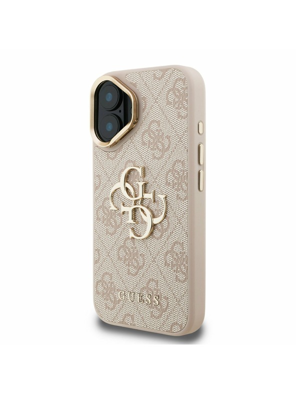 Guess Guess PU 4G Metal Logo Ständer Kamerarahmen Rückseite Hülle für iPhone 16 Pink