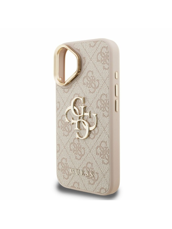 Guess Guess PU 4G Metal Logo Ständer Kamerarahmen Rückseite Hülle für iPhone 16 Pink