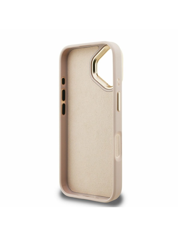 Guess Guess PU 4G Metal Logo Ständer Kamerarahmen Rückseite Hülle für iPhone 16 Pink