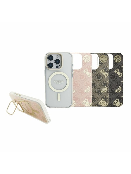 Guess Guess PC/TPU Verchromter Ständer Kamerarahmen MagSafe Rückseite Hülle mit auswechselbarem Hintergrund für iPhone 16 Pro