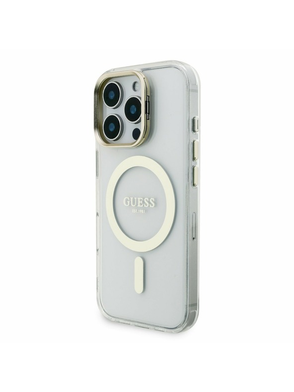 Guess Guess PC/TPU Verchromter Ständer Kamerarahmen MagSafe Rückseite Hülle mit auswechselbarem Hintergrund für iPhone 16 Pro
