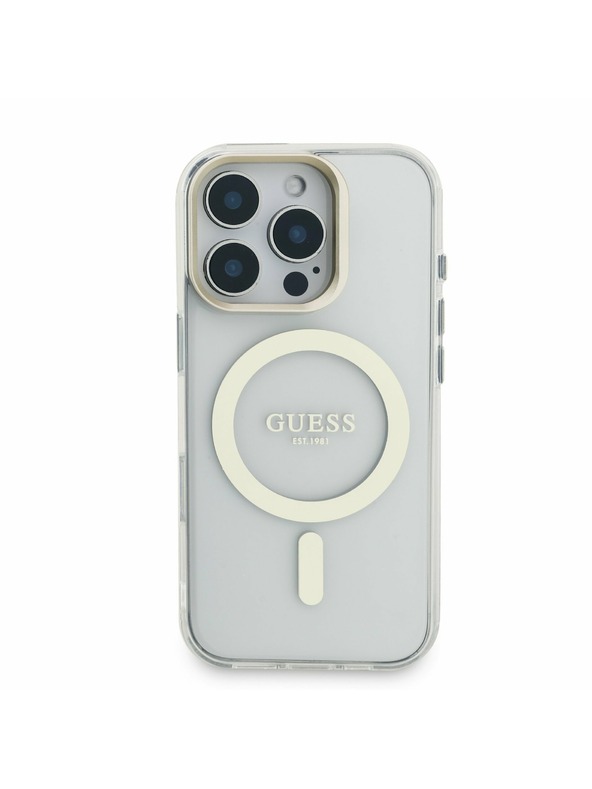 Guess Guess PC/TPU Verchromter Ständer Kamerarahmen MagSafe Rückseite Hülle mit auswechselbarem Hintergrund für iPhone 16 Pro