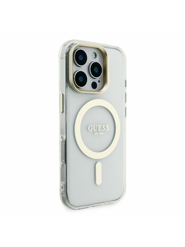 Guess Guess PC/TPU Verchromter Ständer Kamerarahmen MagSafe Rückseite Hülle mit auswechselbarem Hintergrund für iPhone 16 Pro