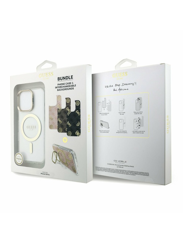 Guess Guess PC/TPU Verchromter Ständer Kamerarahmen MagSafe Rückseite Hülle mit auswechselbarem Hintergrund für iPhone 16 Pro