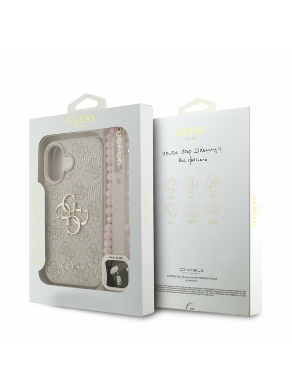 Guess Guess PU 4G Metal Logo Strap Rückseite Hülle für iPhone 16 Pink