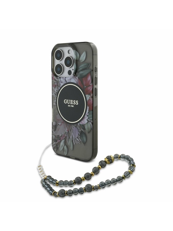 Guess Guess IML Flowers Pearl Strap MagSafe Rückseite Hülle für iPhone 16 Pro Max Schwarz