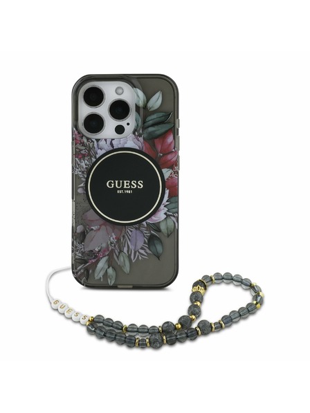 Guess Guess IML Flowers Pearl Strap MagSafe Rückseite Hülle für iPhone 16 Pro Max Schwarz