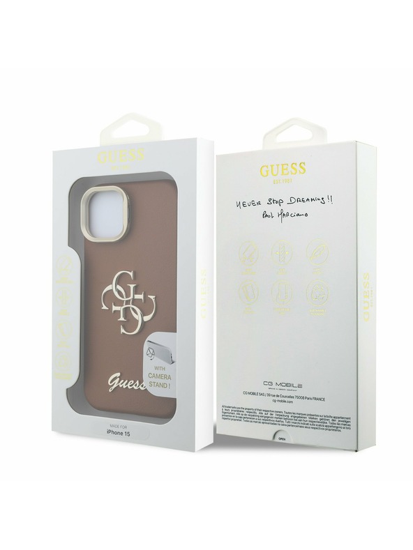 Guess Guess PU Grained 4G Logo Stand Kamera Rahmen Rückseite Hülle für iPhone 13 Brown