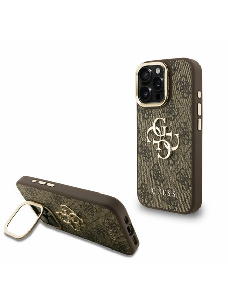 Guess Guess PU 4G Metall Logo Stand Kamera Rahmen Rückseite Hülle für iPhone 15 Pro Brown