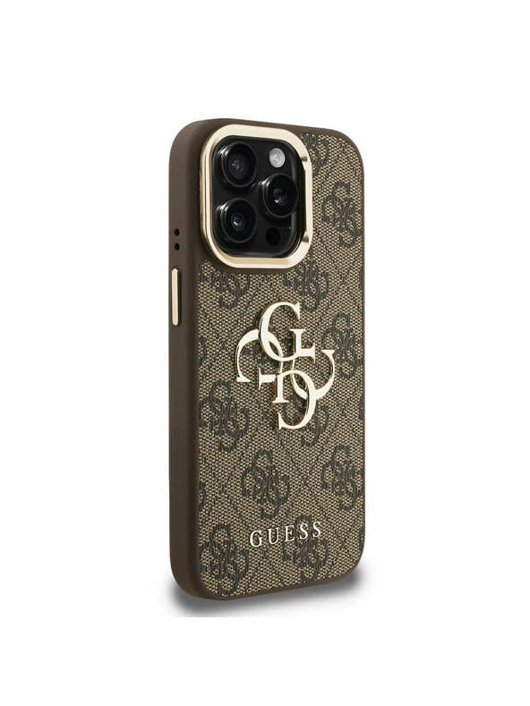 Guess Guess PU 4G Metall Logo Stand Kamera Rahmen Rückseite Hülle für iPhone 15 Pro Brown