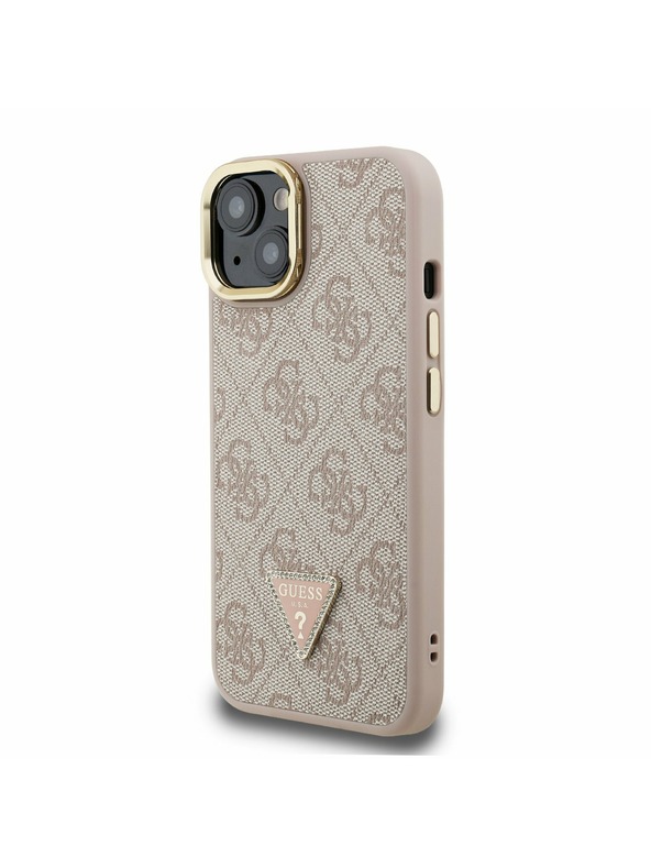 Guess Guess PU 4G Strass Dreieck Logo Stand Kamera Rahmen MagSafe Rückseite Hülle für iPhone 13 Pink
