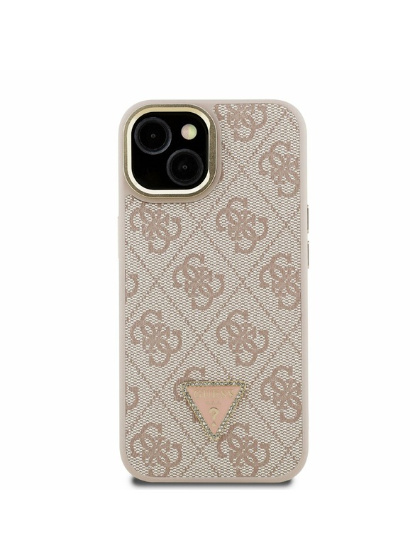 Guess Guess PU 4G Strass Dreieck Logo Stand Kamera Rahmen MagSafe Rückseite Hülle für iPhone 13 Pink