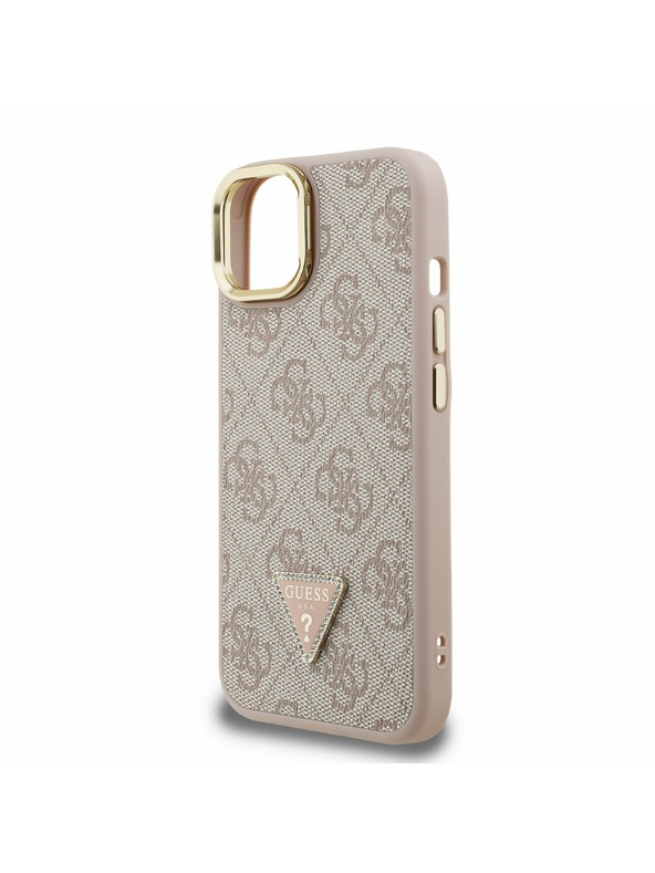 Guess Guess PU 4G Strass Dreieck Logo Stand Kamera Rahmen MagSafe Rückseite Hülle für iPhone 13 Pink