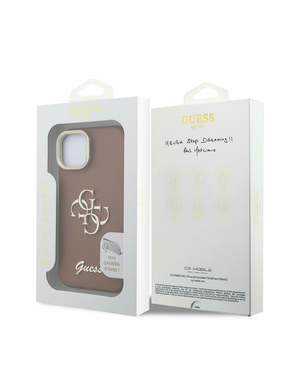 Guess Guess PU Grained 4G Logo Stand Kamera Rahmen Rückseite Hülle für iPhone 14 Brown