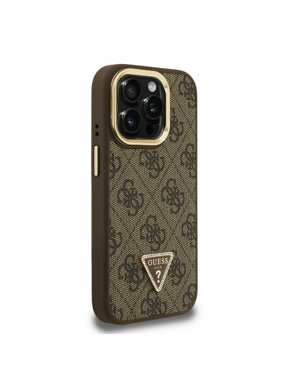 Guess Guess PU 4G Strass Dreieck Logo Stand Kamera Rahmen MagSafe Rückseite Hülle für iPhone 15 Pro Brown