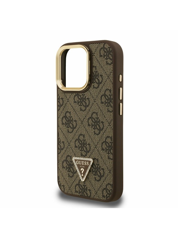 Guess Guess PU 4G Strass Dreieck Logo Stand Kamera Rahmen MagSafe Rückseite Hülle für iPhone 15 Pro Brown