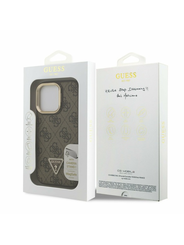 Guess Guess PU 4G Strass Dreieck Logo Stand Kamera Rahmen MagSafe Rückseite Hülle für iPhone 15 Pro Brown