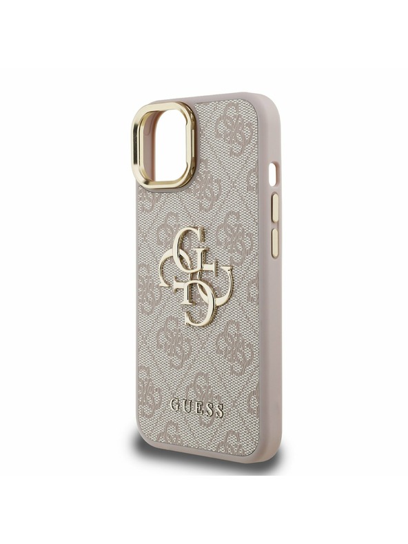 Guess Guess PU 4G Metall Logo Stand Kamera Rahmen Rückseite Hülle für iPhone 15 Pink
