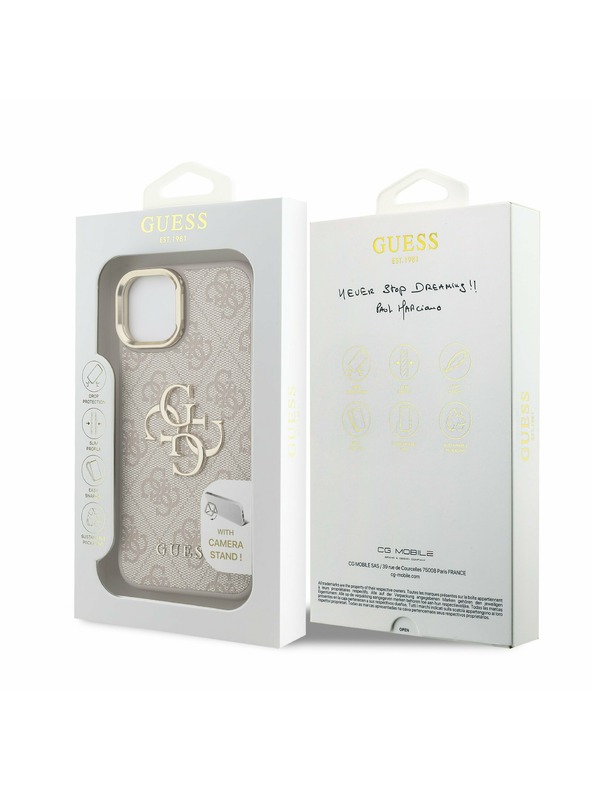 Guess Guess PU 4G Metall Logo Stand Kamera Rahmen Rückseite Hülle für iPhone 15 Pink