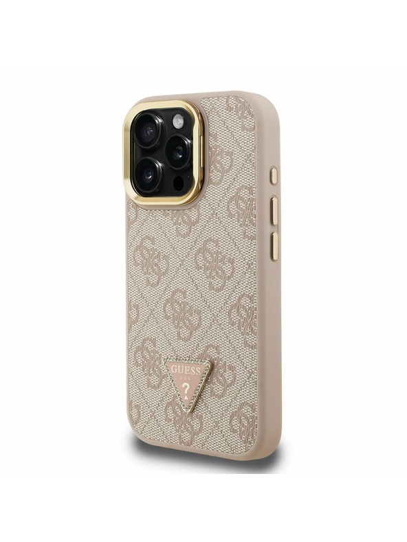 Guess Guess PU 4G Strass Dreieck Logo Stand Kamera Rahmen MagSafe Rückseite Hülle für iPhone 16 Pro Pink