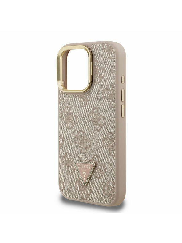 Guess Guess PU 4G Strass Dreieck Logo Stand Kamera Rahmen MagSafe Rückseite Hülle für iPhone 16 Pro Pink