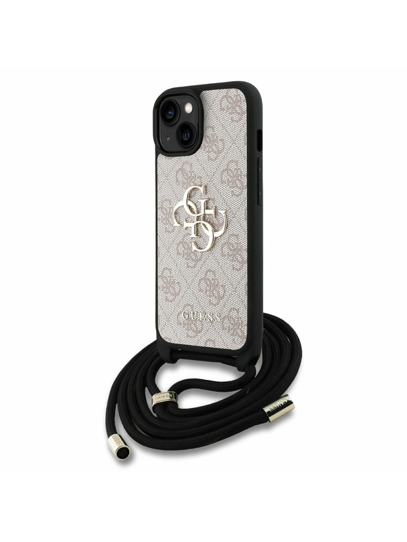 Guess Guess PU 4G Metall Logo Umhängeriemen Rückseite Hülle für iPhone 15 Pink