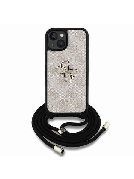 Guess Guess PU 4G Metall Logo Umhängeriemen Rückseite Hülle für iPhone 15 Pink