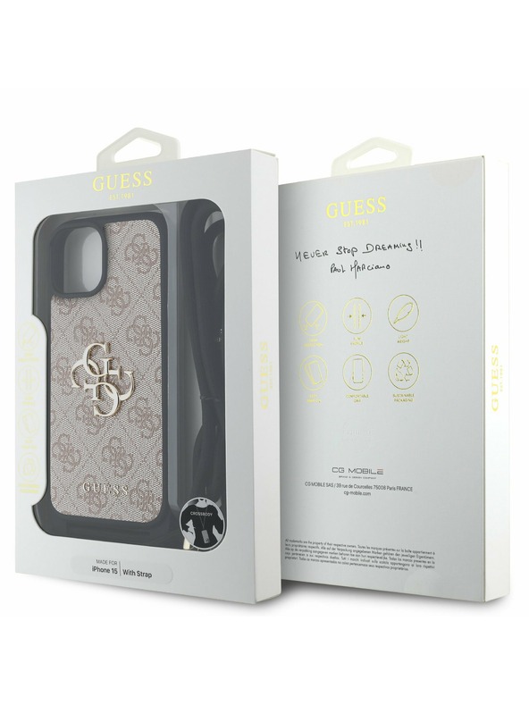 Guess Guess PU 4G Metall Logo Umhängeriemen Rückseite Hülle für iPhone 15 Pink