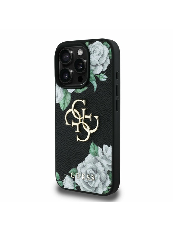 Guess Guess PU Grained Rosen 4G Metall Logo Rückseite Hülle für iPhone 16 Pro Black