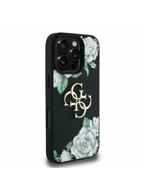 Guess Guess PU Grained Rosen 4G Metall Logo Rückseite Hülle für iPhone 16 Pro Black
