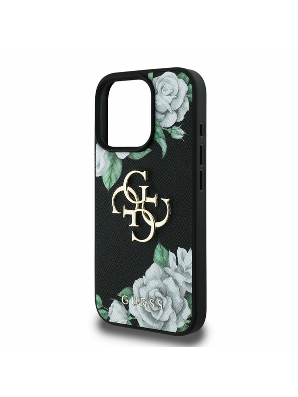 Guess Guess PU Grained Rosen 4G Metall Logo Rückseite Hülle für iPhone 16 Pro Black
