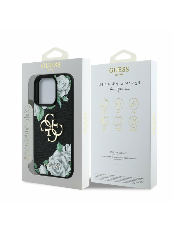 Guess Guess PU Grained Rosen 4G Metall Logo Rückseite Hülle für iPhone 16 Pro Black