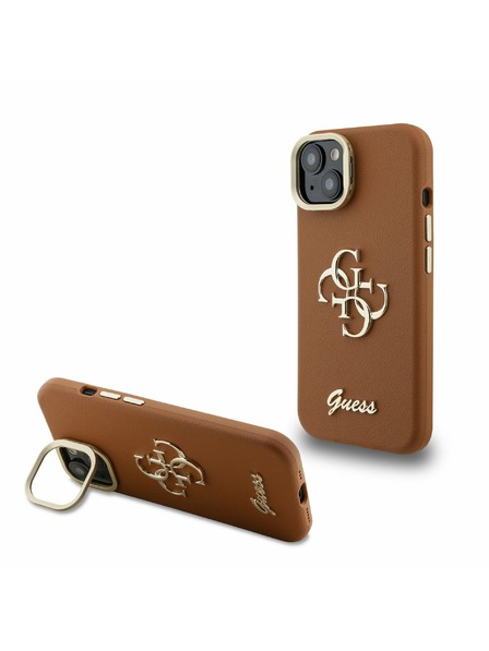 Guess Guess PU Grained 4G Logo Stand Kamera Rahmen Rückseite Hülle für iPhone 15 Brown