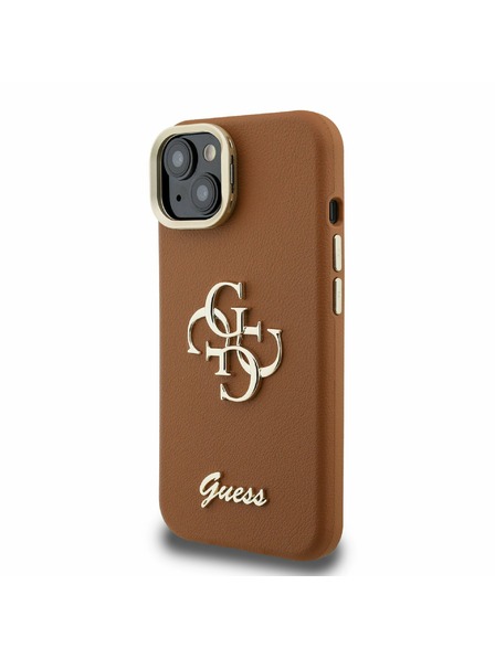 Guess Guess PU Grained 4G Logo Stand Kamera Rahmen Rückseite Hülle für iPhone 15 Brown