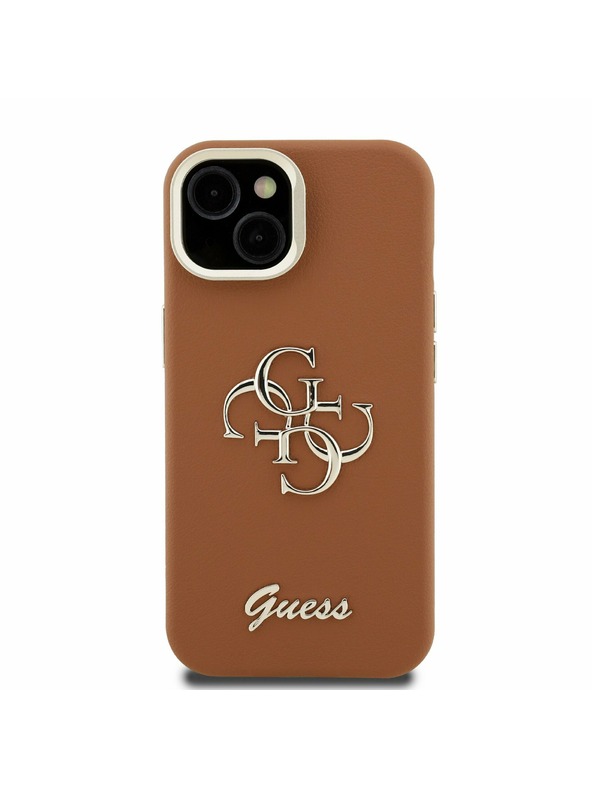 Guess Guess PU Grained 4G Logo Stand Kamera Rahmen Rückseite Hülle für iPhone 15 Brown