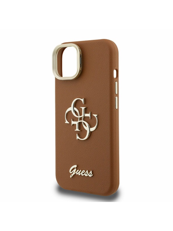 Guess Guess PU Grained 4G Logo Stand Kamera Rahmen Rückseite Hülle für iPhone 15 Brown