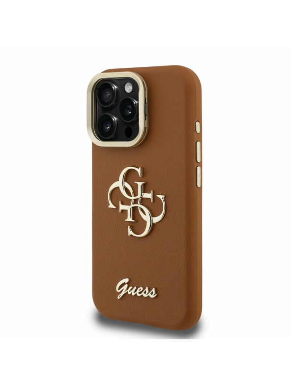 Guess Guess PU Grained 4G Logo Stand Kamera Rahmen Rückseite Hülle für iPhone 15 Pro Max Brown