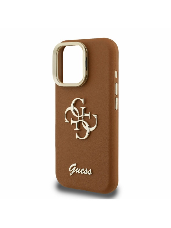 Guess Guess PU Grained 4G Logo Stand Kamera Rahmen Rückseite Hülle für iPhone 15 Pro Max Brown