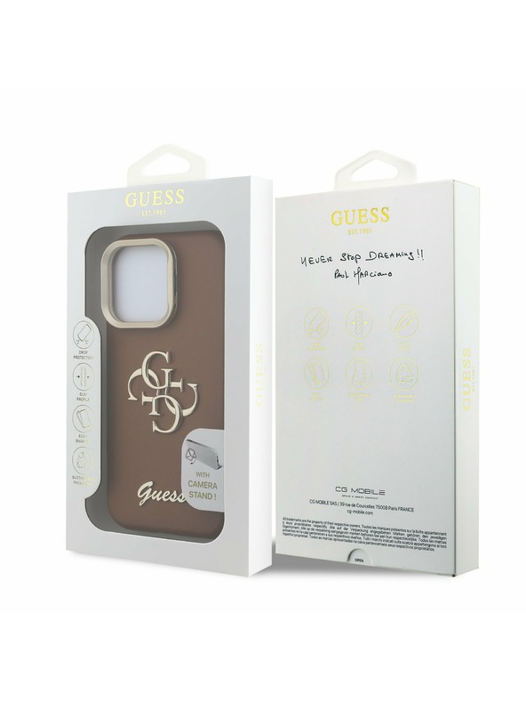 Guess Guess PU Grained 4G Logo Stand Kamera Rahmen Rückseite Hülle für iPhone 15 Pro Max Brown