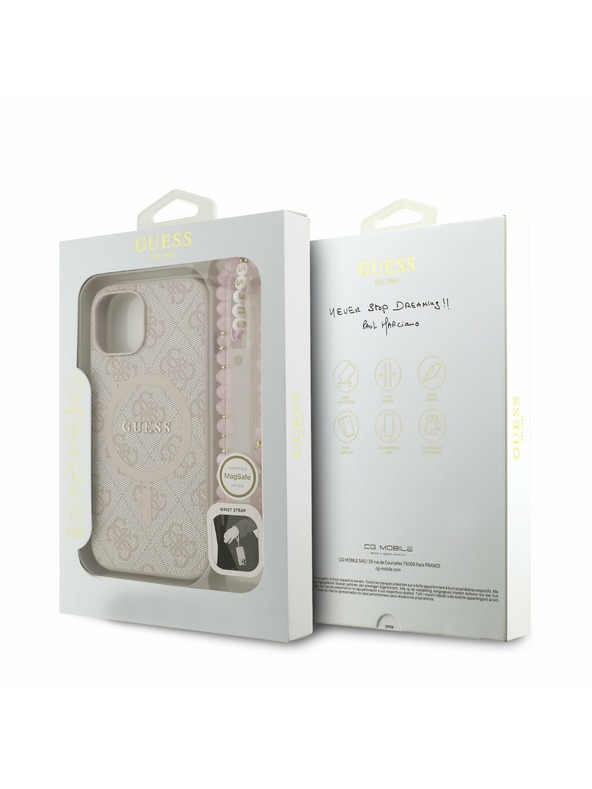 Guess Guess PU Leder 4G Farbiger Ring Strap MagSafe Rückseite Hülle für iPhone 14 Rosa