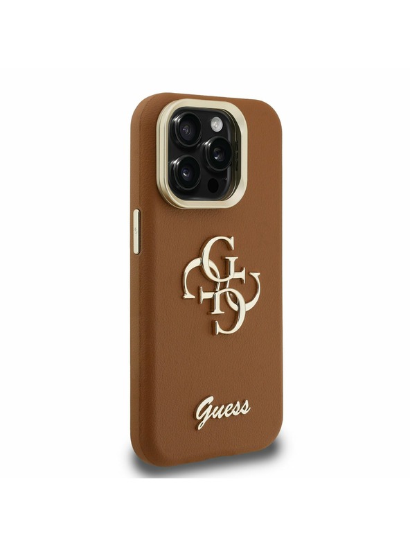 Guess Guess PU Grained 4G Logo Stand Camera Frame Rückseite Hülle für iPhone 15 Pro Braun