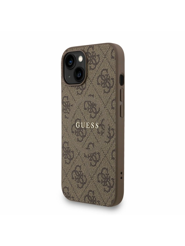 Guess Guess PU Leder 4G Farbiger Ring Strap MagSafe Rückseite Hülle für iPhone 15 Braun